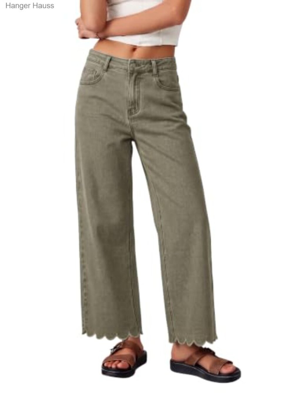 Womens Wide Leg High Waist Cropped Scalloped Hem Denim Jeans